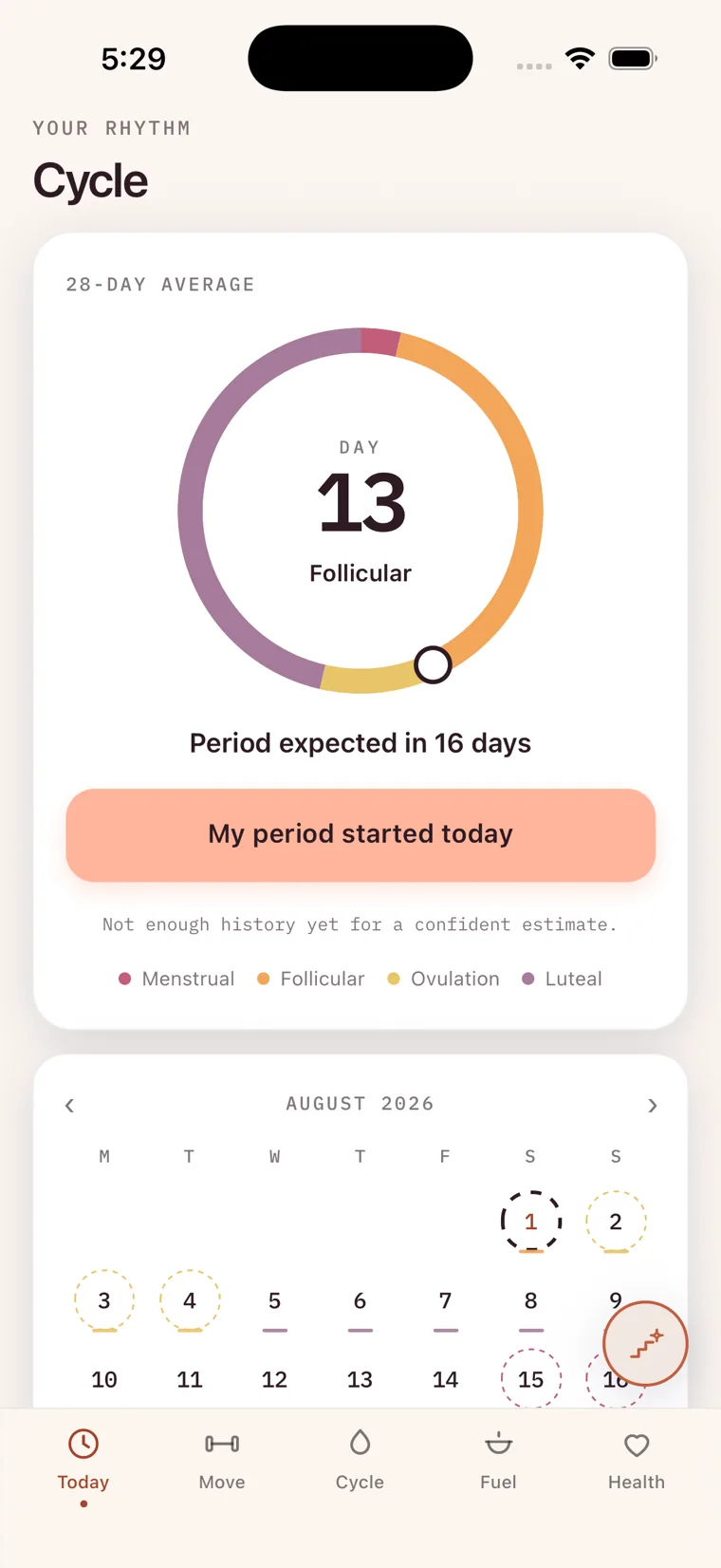 Cycle, Dawn: day 13, follicular, the cycle persona's calendar of logged days.
