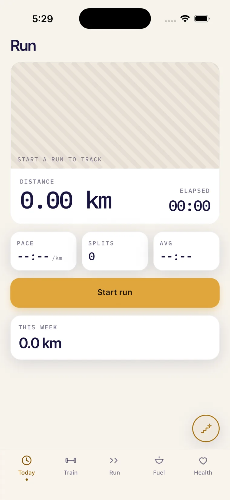 Run: distance, pace and splits, traced on the map.