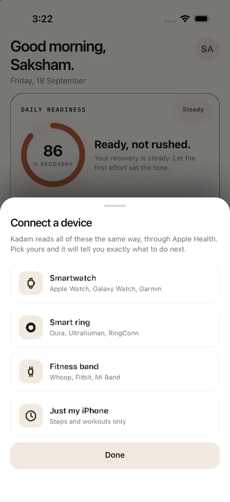 Devices: Apple Health, Ultrahuman Ring, Whoop, and Garmin sync.